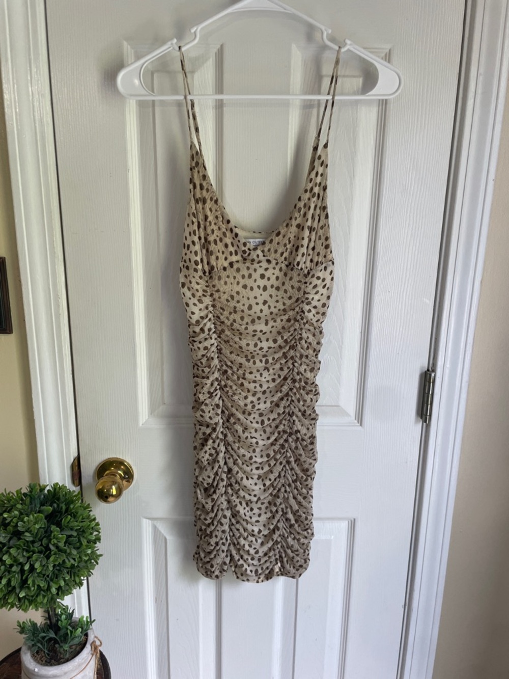 Urban Outfitters Beige Polka Dot/Animal Print Ruched Mini Dress